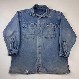 Vintage Paco Denim Shirt Jacket Shacket Blue Embroidered Logo Heavyweight L